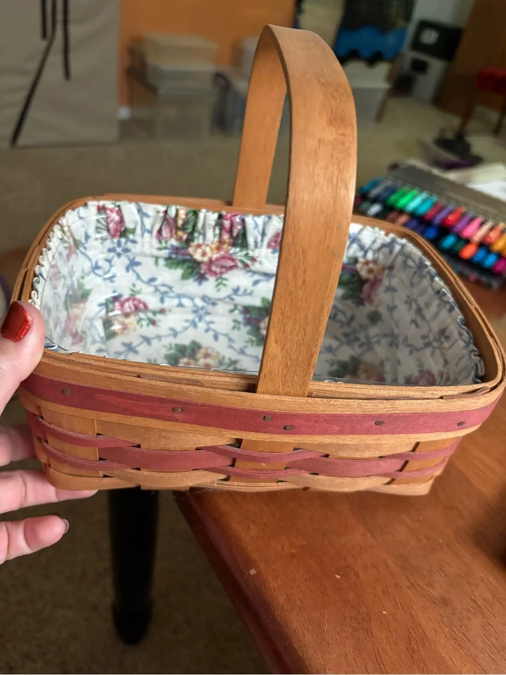 Longaberger Natural and Red Woven Handled Basket with Liner